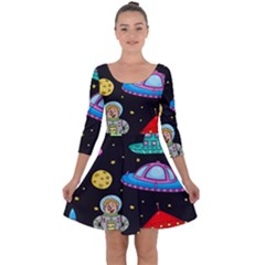 Seamless Pattern With Space Objects Ufo Rockets Aliens Hand Drawn Elements Space Quarter Sleeve Skater Dress