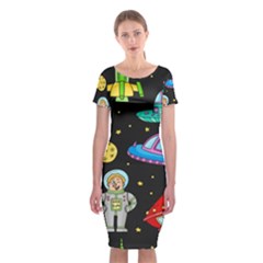 Seamless Pattern With Space Objects Ufo Rockets Aliens Hand Drawn Elements Space Classic Short Sleeve Midi Dress