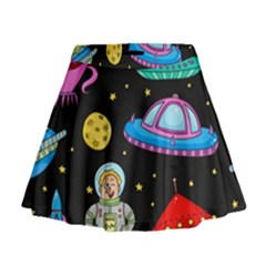 Seamless Pattern With Space Objects Ufo Rockets Aliens Hand Drawn Elements Space Mini Flare Skirt