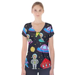 Seamless Pattern With Space Objects Ufo Rockets Aliens Hand Drawn Elements Space Short Sleeve Front Detail Top