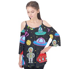 Seamless Pattern With Space Objects Ufo Rockets Aliens Hand Drawn Elements Space Flutter Sleeve T-Shirt 