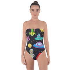 Seamless Pattern With Space Objects Ufo Rockets Aliens Hand Drawn Elements Space Tie Back One Piece Swimsuit by Hannah976