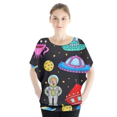 Seamless Pattern With Space Objects Ufo Rockets Aliens Hand Drawn Elements Space Batwing Chiffon Blouse