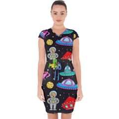 Seamless Pattern With Space Objects Ufo Rockets Aliens Hand Drawn Elements Space Capsleeve Drawstring Dress 