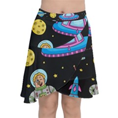 Seamless Pattern With Space Objects Ufo Rockets Aliens Hand Drawn Elements Space Chiffon Wrap Front Skirt