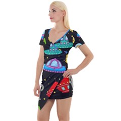 Seamless Pattern With Space Objects Ufo Rockets Aliens Hand Drawn Elements Space Short Sleeve Asymmetric Mini Dress
