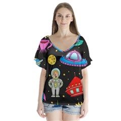 Seamless Pattern With Space Objects Ufo Rockets Aliens Hand Drawn Elements Space V-Neck Flutter Sleeve Top