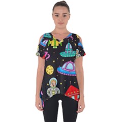 Seamless Pattern With Space Objects Ufo Rockets Aliens Hand Drawn Elements Space Cut Out Side Drop T-Shirt