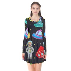 Seamless Pattern With Space Objects Ufo Rockets Aliens Hand Drawn Elements Space Long Sleeve V-neck Flare Dress