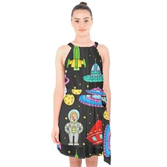 Seamless Pattern With Space Objects Ufo Rockets Aliens Hand Drawn Elements Space Halter Collar Waist Tie Chiffon Dress by Hannah976