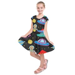 Seamless Pattern With Space Objects Ufo Rockets Aliens Hand Drawn Elements Space Kids  Short Sleeve Dress