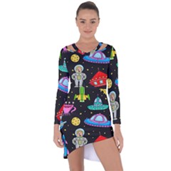 Seamless Pattern With Space Objects Ufo Rockets Aliens Hand Drawn Elements Space Asymmetric Cut-Out Shift Dress