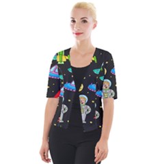 Seamless Pattern With Space Objects Ufo Rockets Aliens Hand Drawn Elements Space Cropped Button Cardigan