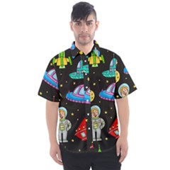 Seamless Pattern With Space Objects Ufo Rockets Aliens Hand Drawn Elements Space Men s Short Sleeve Shirt