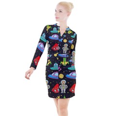 Seamless Pattern With Space Objects Ufo Rockets Aliens Hand Drawn Elements Space Button Long Sleeve Dress