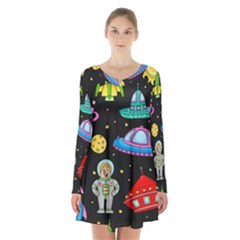 Seamless Pattern With Space Objects Ufo Rockets Aliens Hand Drawn Elements Space Long Sleeve Velvet V-neck Dress