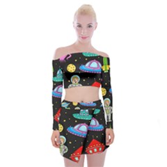 Seamless Pattern With Space Objects Ufo Rockets Aliens Hand Drawn Elements Space Off Shoulder Top with Mini Skirt Set