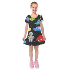 Seamless Pattern With Space Objects Ufo Rockets Aliens Hand Drawn Elements Space Kids  Short Sleeve Velvet Dress