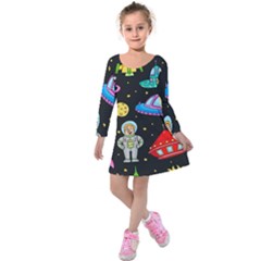 Seamless Pattern With Space Objects Ufo Rockets Aliens Hand Drawn Elements Space Kids  Long Sleeve Velvet Dress