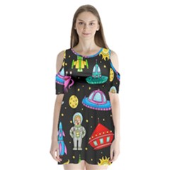 Seamless Pattern With Space Objects Ufo Rockets Aliens Hand Drawn Elements Space Shoulder Cutout Velvet One Piece