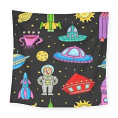 Seamless Pattern With Space Objects Ufo Rockets Aliens Hand Drawn Elements Space Square Tapestry (Large)