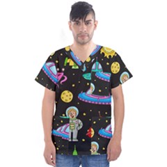 Seamless Pattern With Space Objects Ufo Rockets Aliens Hand Drawn Elements Space Men s V-Neck Scrub Top