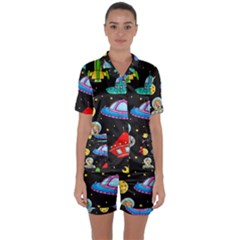 Seamless Pattern With Space Objects Ufo Rockets Aliens Hand Drawn Elements Space Satin Short Sleeve Pajamas Set