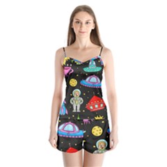 Seamless Pattern With Space Objects Ufo Rockets Aliens Hand Drawn Elements Space Satin Pajamas Set