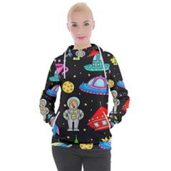 Seamless Pattern With Space Objects Ufo Rockets Aliens Hand Drawn Elements Space Women s Hooded Pullover