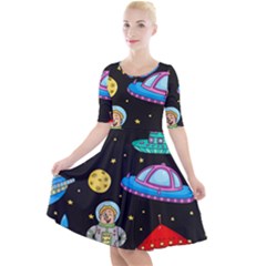 Seamless Pattern With Space Objects Ufo Rockets Aliens Hand Drawn Elements Space Quarter Sleeve A-Line Dress