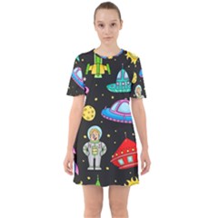 Seamless Pattern With Space Objects Ufo Rockets Aliens Hand Drawn Elements Space Sixties Short Sleeve Mini Dress