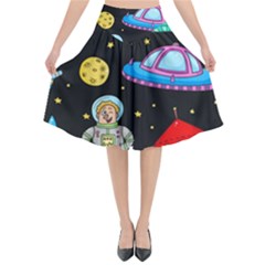 Seamless Pattern With Space Objects Ufo Rockets Aliens Hand Drawn Elements Space Flared Midi Skirt