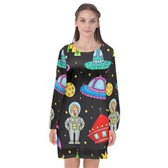 Seamless Pattern With Space Objects Ufo Rockets Aliens Hand Drawn Elements Space Long Sleeve Chiffon Shift Dress 