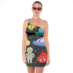 Seamless Pattern With Space Objects Ufo Rockets Aliens Hand Drawn Elements Space One Shoulder Ring Trim Bodycon Dress