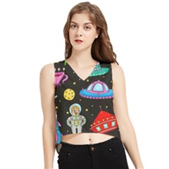 Seamless Pattern With Space Objects Ufo Rockets Aliens Hand Drawn Elements Space V-Neck Cropped Tank Top