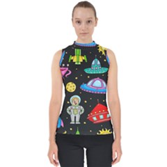 Seamless Pattern With Space Objects Ufo Rockets Aliens Hand Drawn Elements Space Mock Neck Shell Top