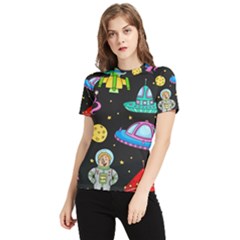 Seamless Pattern With Space Objects Ufo Rockets Aliens Hand Drawn Elements Space Women s Short Sleeve Rash Guard