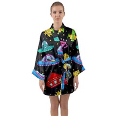 Seamless Pattern With Space Objects Ufo Rockets Aliens Hand Drawn Elements Space Long Sleeve Satin Kimono