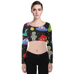 Seamless Pattern With Space Objects Ufo Rockets Aliens Hand Drawn Elements Space Velvet Long Sleeve Crop Top