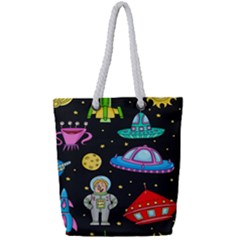 Seamless Pattern With Space Objects Ufo Rockets Aliens Hand Drawn Elements Space Full Print Rope Handle Tote (small)