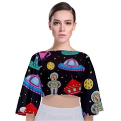 Seamless Pattern With Space Objects Ufo Rockets Aliens Hand Drawn Elements Space Tie Back Butterfly Sleeve Chiffon Top