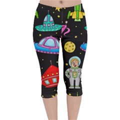 Seamless Pattern With Space Objects Ufo Rockets Aliens Hand Drawn Elements Space Velvet Capri Leggings 