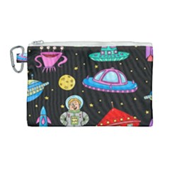 Seamless Pattern With Space Objects Ufo Rockets Aliens Hand Drawn Elements Space Canvas Cosmetic Bag (Large)