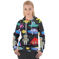 Seamless Pattern With Space Objects Ufo Rockets Aliens Hand Drawn Elements Space Women s Overhead Hoodie