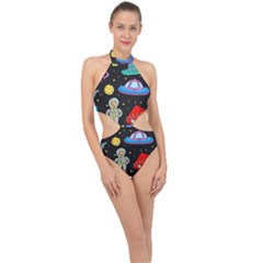 Seamless Pattern With Space Objects Ufo Rockets Aliens Hand Drawn Elements Space Halter Side Cut Swimsuit