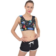 Seamless Pattern With Space Objects Ufo Rockets Aliens Hand Drawn Elements Space V-Back Sports Bra