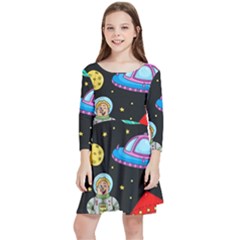 Seamless Pattern With Space Objects Ufo Rockets Aliens Hand Drawn Elements Space Kids  Quarter Sleeve Skater Dress