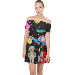 Seamless Pattern With Space Objects Ufo Rockets Aliens Hand Drawn Elements Space Off Shoulder Chiffon Dress