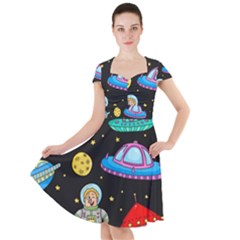 Seamless Pattern With Space Objects Ufo Rockets Aliens Hand Drawn Elements Space Cap Sleeve Midi Dress by Hannah976
