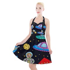 Seamless Pattern With Space Objects Ufo Rockets Aliens Hand Drawn Elements Space Halter Party Swing Dress 